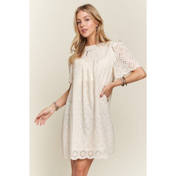 ADORA Ruffle Shoulder Eyelet Round Neck Scallop Edge Detail Mini Dress | Natural - Picture 4 of 8